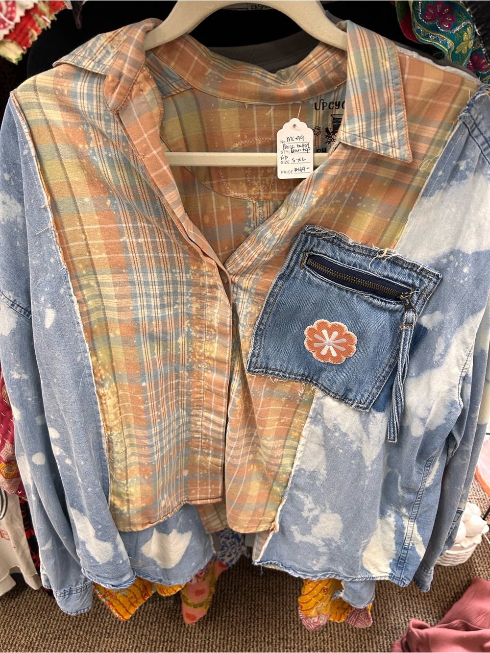 Upcycled Patchwork Plaid & Denim Women’s Shirt Jacket - Blue and Peach